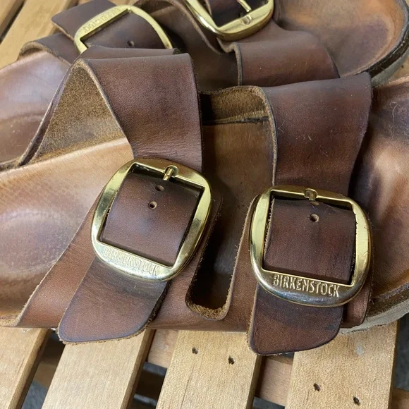 Birkenstock Tan Sandals with Gold Buckles - Picture 2 of 4